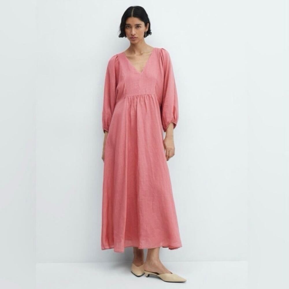 Mango Mng Ramie Puff Sleeve V-Neck Maxi Dress Pink Size 6 Euc